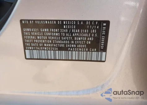 2015 Volkswagen Jetta 1.8T Se z USA, uszkodzony, nr VIN 3VWD17AJXFM252534